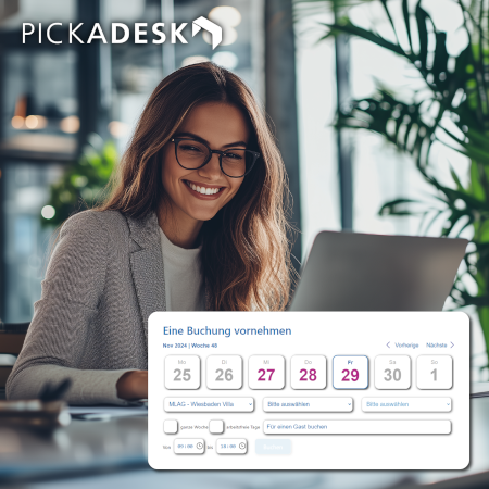 Woman sitting oin front of laptop is booking her desk with PickADesk
